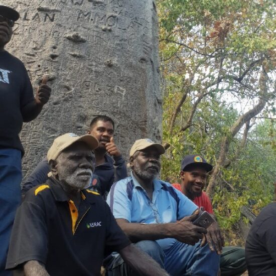 Kimberley Rangers, Robin Dann from Wunggurr, Nathan Green from Nyikina Mangala, and Bayo Taylor from Karajarri, with ASRAC’s Otto Campion and Peter Djigirr and interpreter Morula.