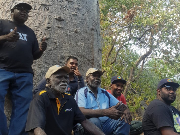 Kimberley Rangers, Robin Dann from Wunggurr, Nathan Green from Nyikina Mangala, and Bayo Taylor from Karajarri, with ASRAC’s Otto Campion and Peter Djigirr and interpreter Morula.