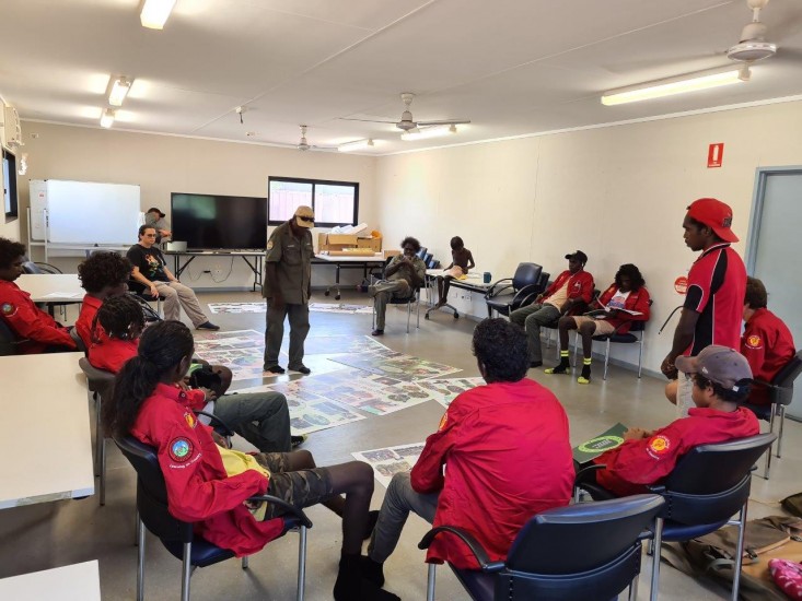 Otto Campion talking to students about the impacts of buffalo on Gurruwiling.