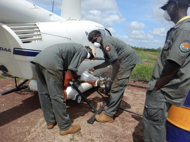 Rangers filling herbicide tanks for the aerial control of Mimosa and Olive Hymenachne.